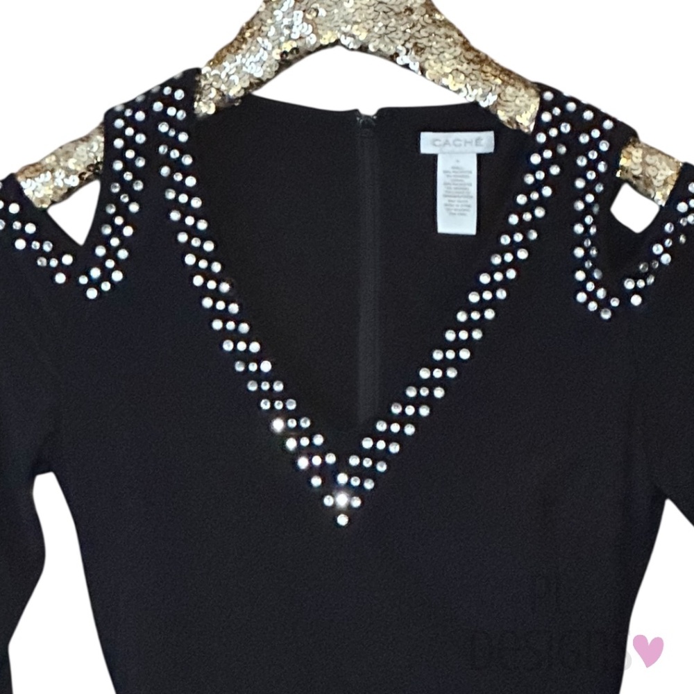 Cache Ruched Embellished Black Dress - Picture 3 of 8